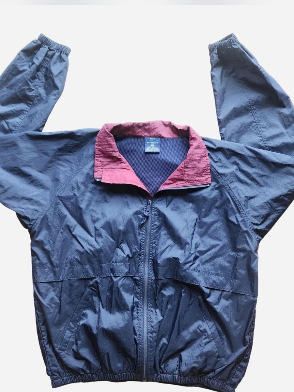 Vintage 90s Port Authority Navy Windbreaker Jacket with Burgundy Collar - Size L